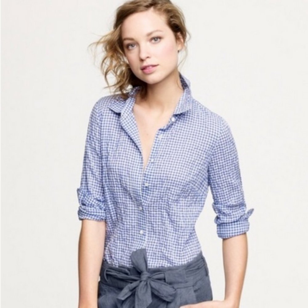 J. Crew Women’s Classic Blue Check Plaid Button Down Boy Shirt, Size 0